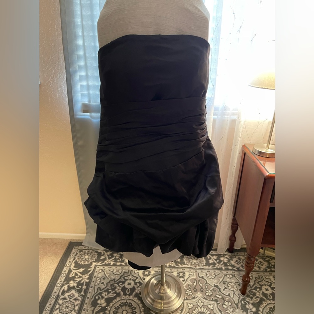 Black satin strapless party dress. Size is MOST LIKELY M.